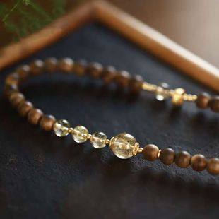 Indian Mysore Laoshan Sandalwood Beaded Double Circle Bracelet Chinese Style Light Luxury Niche Golden Rutilated Quartz Sterling Silver Bracelet Gift