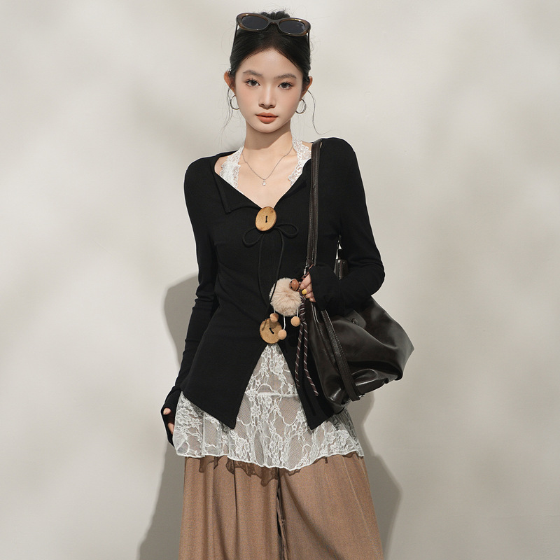 Jiyou Button-Up V-Neck Long-Sleeve Lace Vest Two-Piece Set Women's Autumn High-End Inner Wear Top T-Shirt