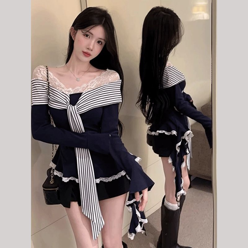 Korean Sexy Elegant Lace Splicing Strap Long-Sleeved T-Shirt for Women in Autumn and Winter Design Asymmetrical Slim Top for Women