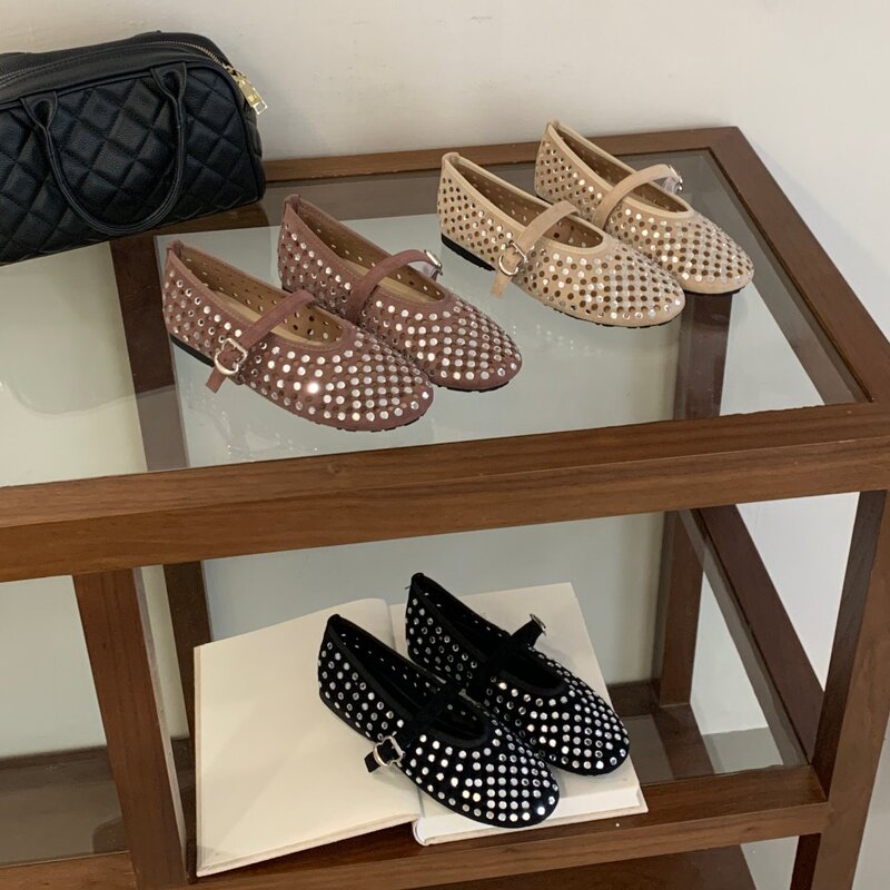 Pa Namene 2026 New Style Rivet Buckle Strap Hollow Breathable Ballet Shoes for Women with Soft Soles Grandma Shoes
