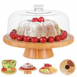 跨境竹制蛋糕托盘圆形水果干果盘高脚果盘带盖派对装饰熟食甜品盘
