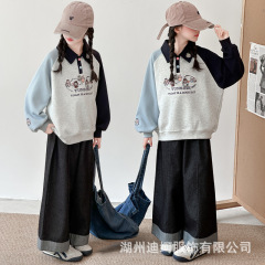 跨境女童秋装卫衣2025新款儿童时髦春秋大童卡通拉布布polo领上衣