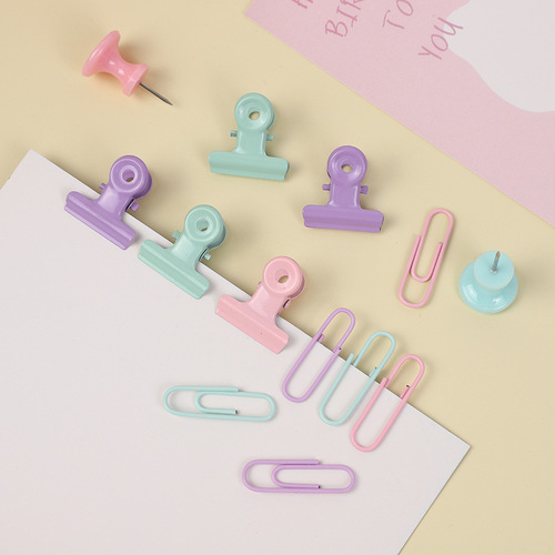 Macaron color binder clip metal file clip paper clip I-shaped nail set office receipt clip wholesale