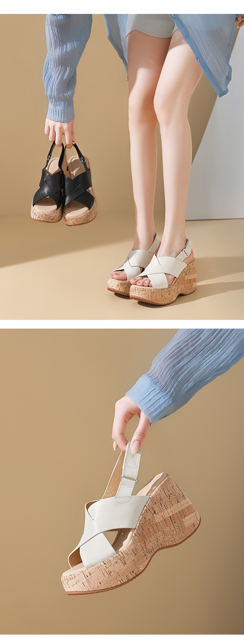Sandal cao gót nữ quai chéo hở mũi đế xuồng 10cm da bò thật phong cách La Mã — màu đen, màu trắng ngà chi tiết 5