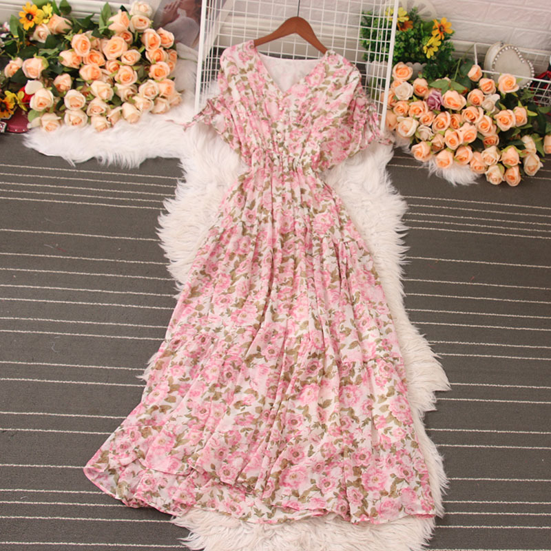 V-neck floral chiffon dress summer new waist slimming elegant platycodon French retro large pendulum fairy dress