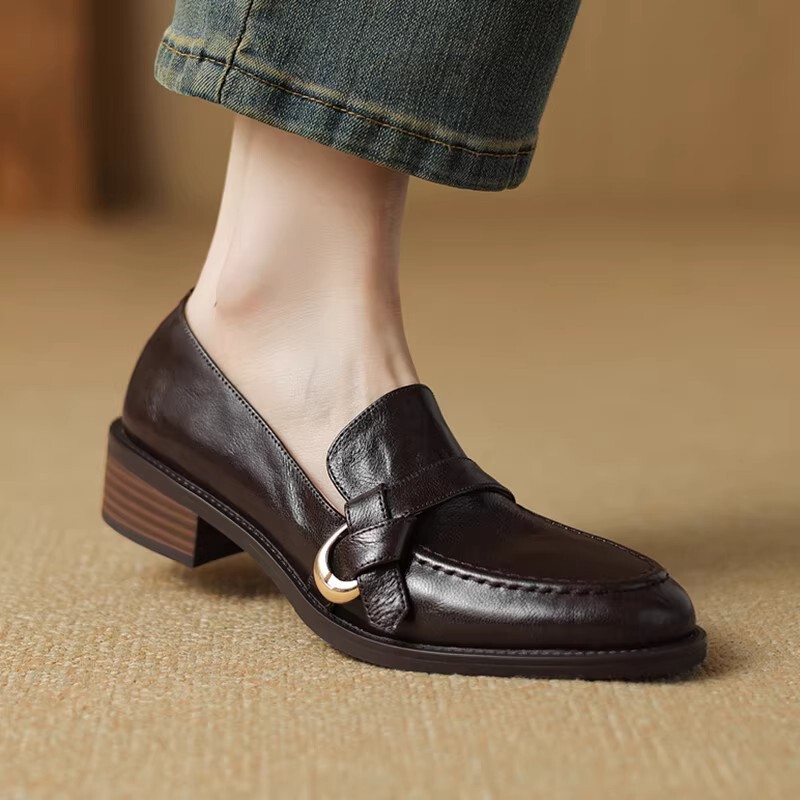 Super Soft Lambskin~Genuine Leather Mid-Heel Loafers for Women, Shallow Slip-On Shoes, British Style, Brown Leather Shoes Super Soft Lambskin~Genuine Leather Mid-Heel Loafers for Women, Shallow Slip-On Shoes, British Style, Brown Leather Shoes
