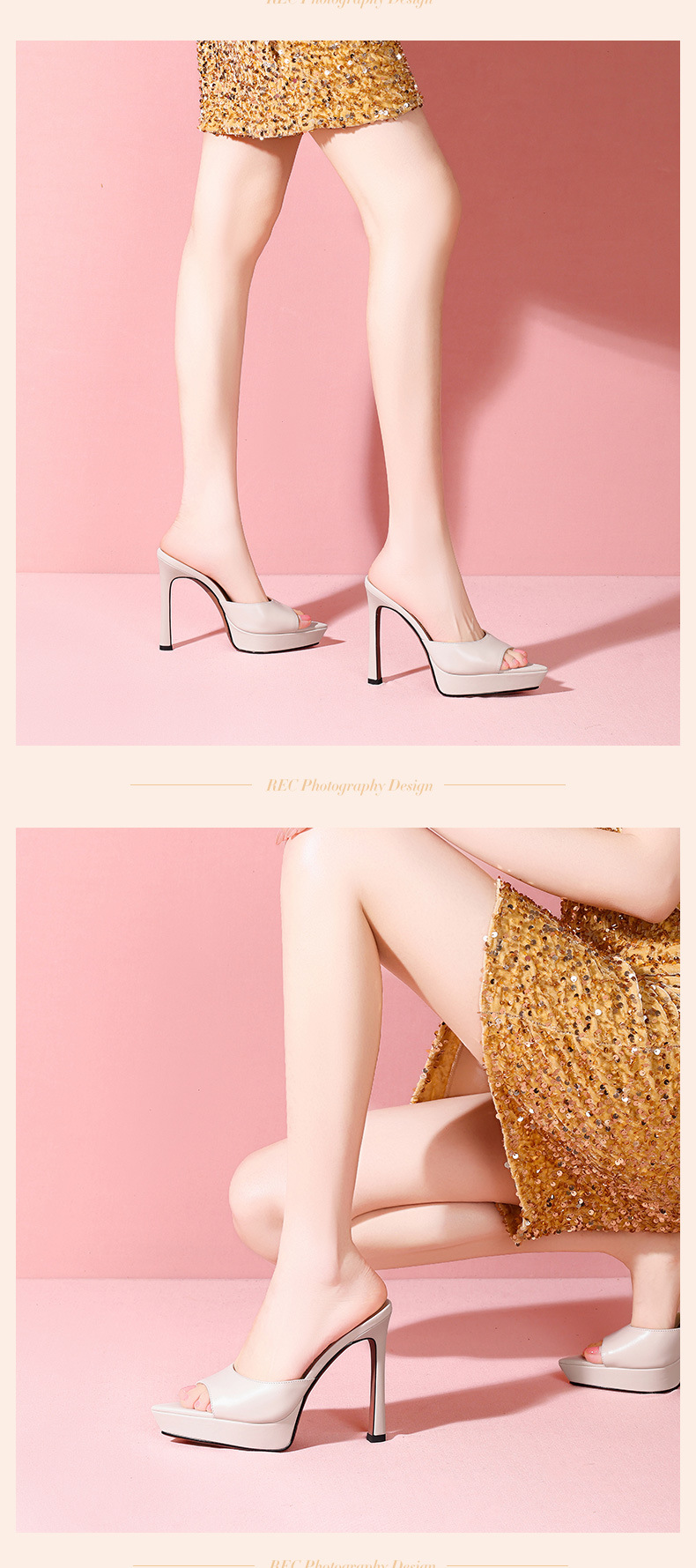 Sandal cao gót nữ mũi nhọn hở ngón, đế xuồng platform, da thật, gót 10 cm — Trần truồng 10㎝ chi tiết 8