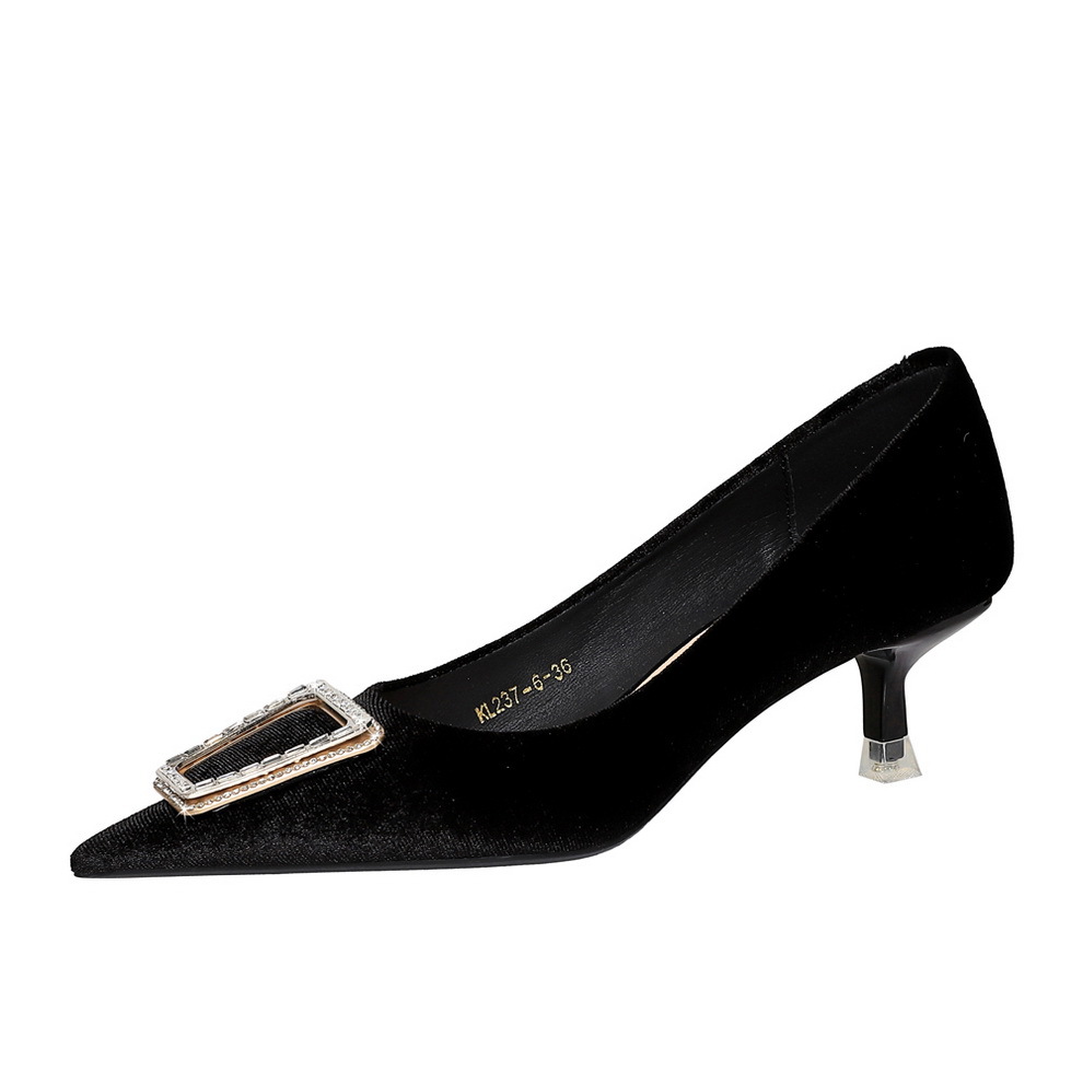 237-K39 Style Banquet Women's Shoes with Thin Heels, Medium Heels, Thickened Suede, Shallow Mouth, Pointed Metal Water Diamond Button Single Shoes