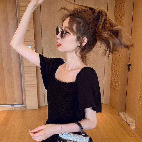Women's Summer Thin Short Pants, Black Short Sleeve Stylish and Fashionable High-Waisted Slimming Square Collar Wide Leg Pants
