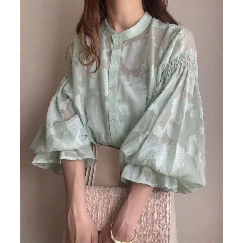 Japan's Rakuten Summer New Flower Jacquard Lantern Sleeve Transparent Shirt