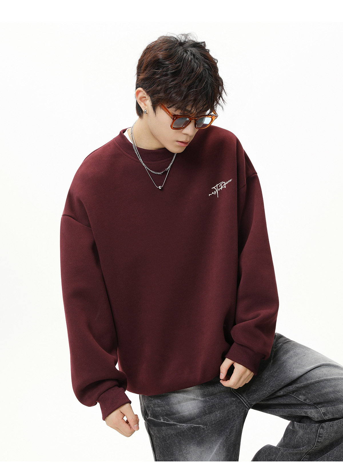 Monochrome Textured Crew Neck Sweatshirt For Men Trendy Pullover_voghion.com