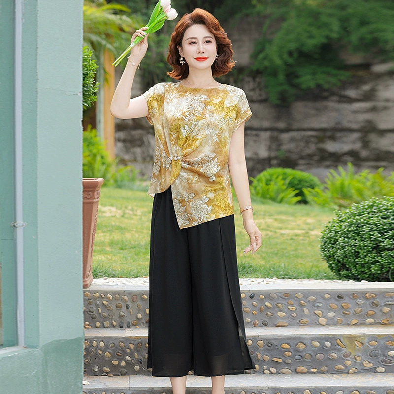 Толстая мама летняя шифон костюм темперамент тонкая футболка с короткими рукавами