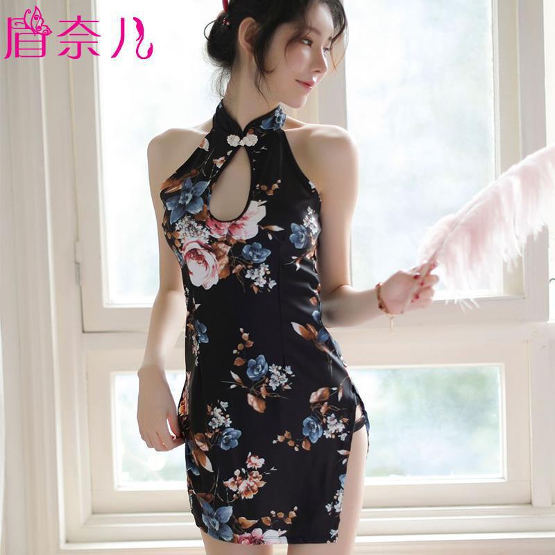 New Sexy Lingerie Printed Cheongsam Nightclub Tight-Fitting Hip-Hugging Cheongsam Uniform Temptation Set