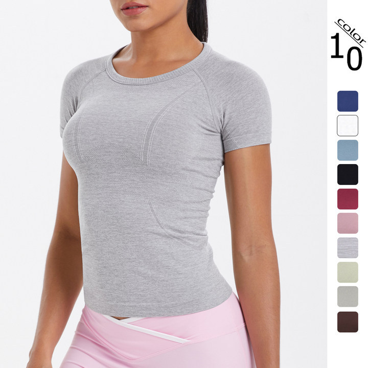 Camiseta de manga corta ajustada transpirable de color sólido de punto sin costuras europea y americana transfronteriza