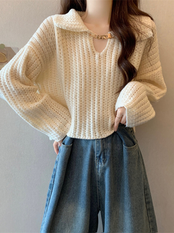 春秋のドールカラー韓国風セーター、女性用長袖デザインゆったりニット、小柄な方向けトップス、卸売、通勤スタイル|undefined