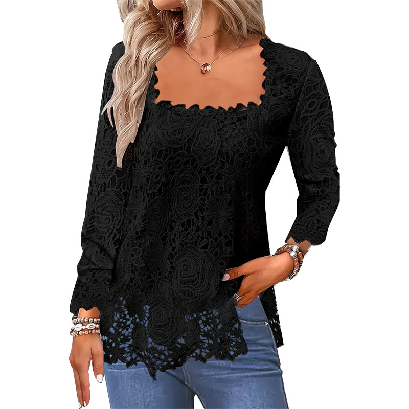 Independent Website 2026 European American Foreign Trade Autumn And Winter New U-neck Square Collar Lace Base_ecoleips.com