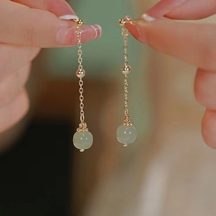 S925 Silver Needle Natural Hetian Jade Long Earrings Women's Tassel Earrings Chinese Ancient Style Temperament 2023 New Trend