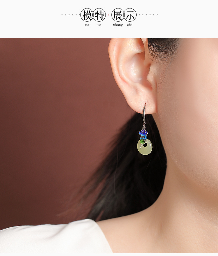 Bông tai nữ bạc S925 đính ngọc bích vàng tự nhiên và pha lê men xanh, mặt dây hình bình an khóa — Một đôi chi tiết 7