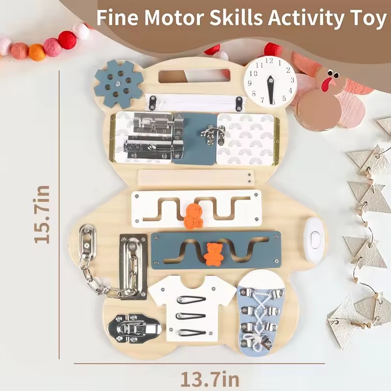 Amazon Wood Bear Tablero ocupado Niños Montessori Juego de pared Abra la puerta Tablero de desbloqueo Juguetes educativos