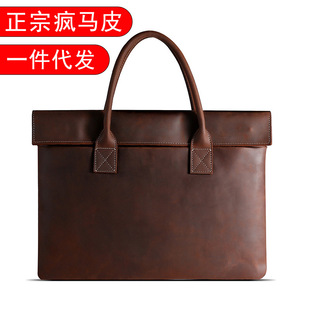 New 15.6 Inch Laptop Bag Crazy Horse Leather Handbag Briefcase Business Retro Genuine Leather Flat Men's Bag