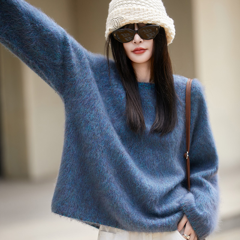 法式无缝花纱拉绒羊毛衫女宽松慵懒毛衣2025秋冬打底衫女装上衣