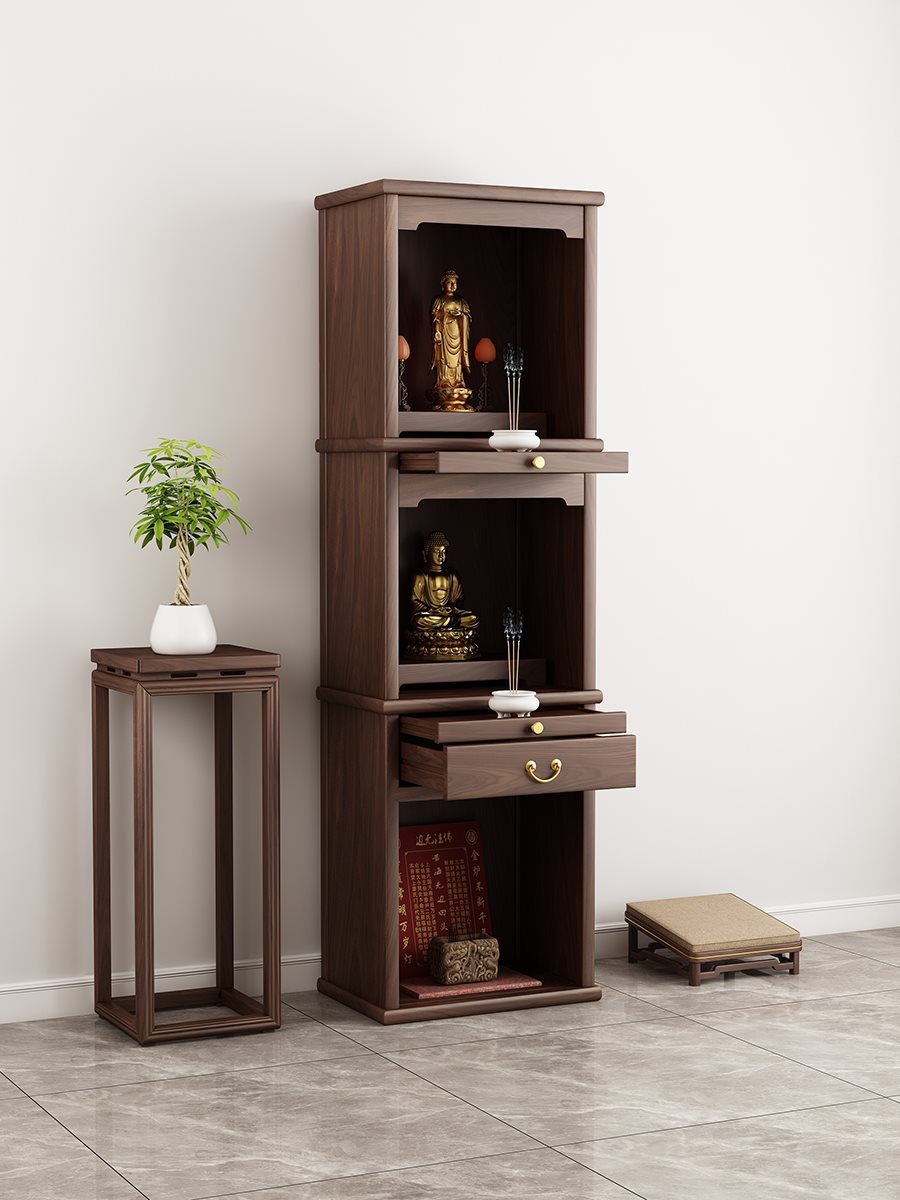 Three-Layer Solid Wood Living Room Altar Cabinet with Doors for Ancestor Worship, Buddha Statue Stand, Home Use