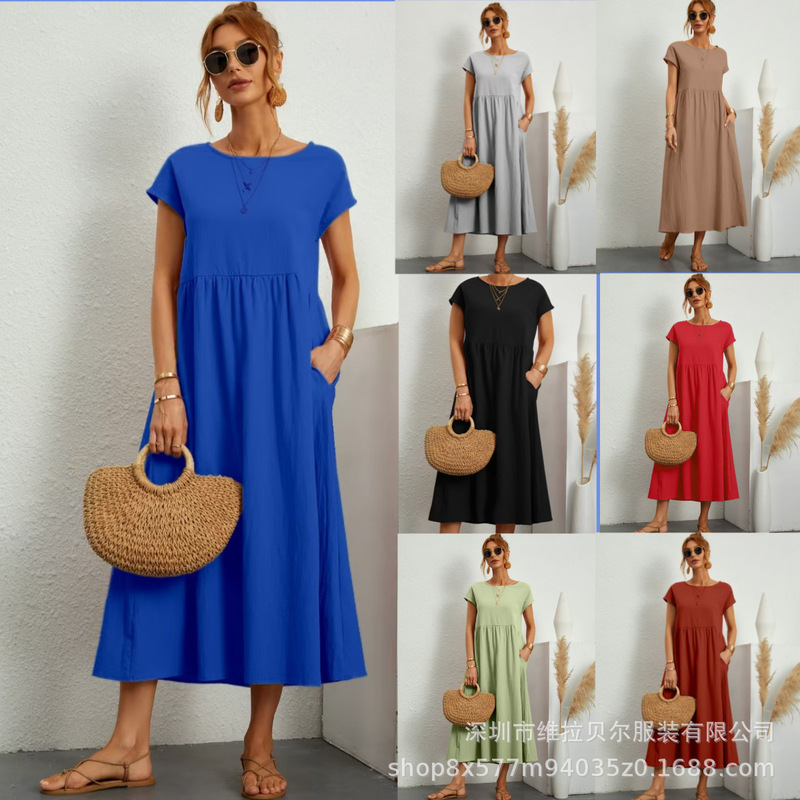 Large Stock Available 2026 Aliexpress European and American Style Solid Color Short-Sleeve Loose Cotton-Linen Dress with Pockets and Round Neck Ruched Design Large Stock Available 2026 Aliexpress European and American Style Solid Color Short-Sleeve Loose Cotton-Linen Dress with Pockets and Round Neck Ruched Design