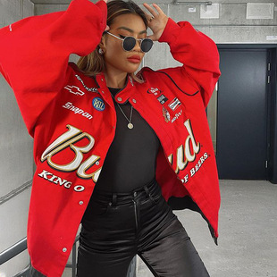 2022 autumn and winter new cross-border Amazon sports red printed casual loose long sleeve trench coat jacket