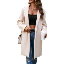 亚马逊跨境欧美女装2025秋冬新款女式毛呢外套中长款翻领口袋大衣