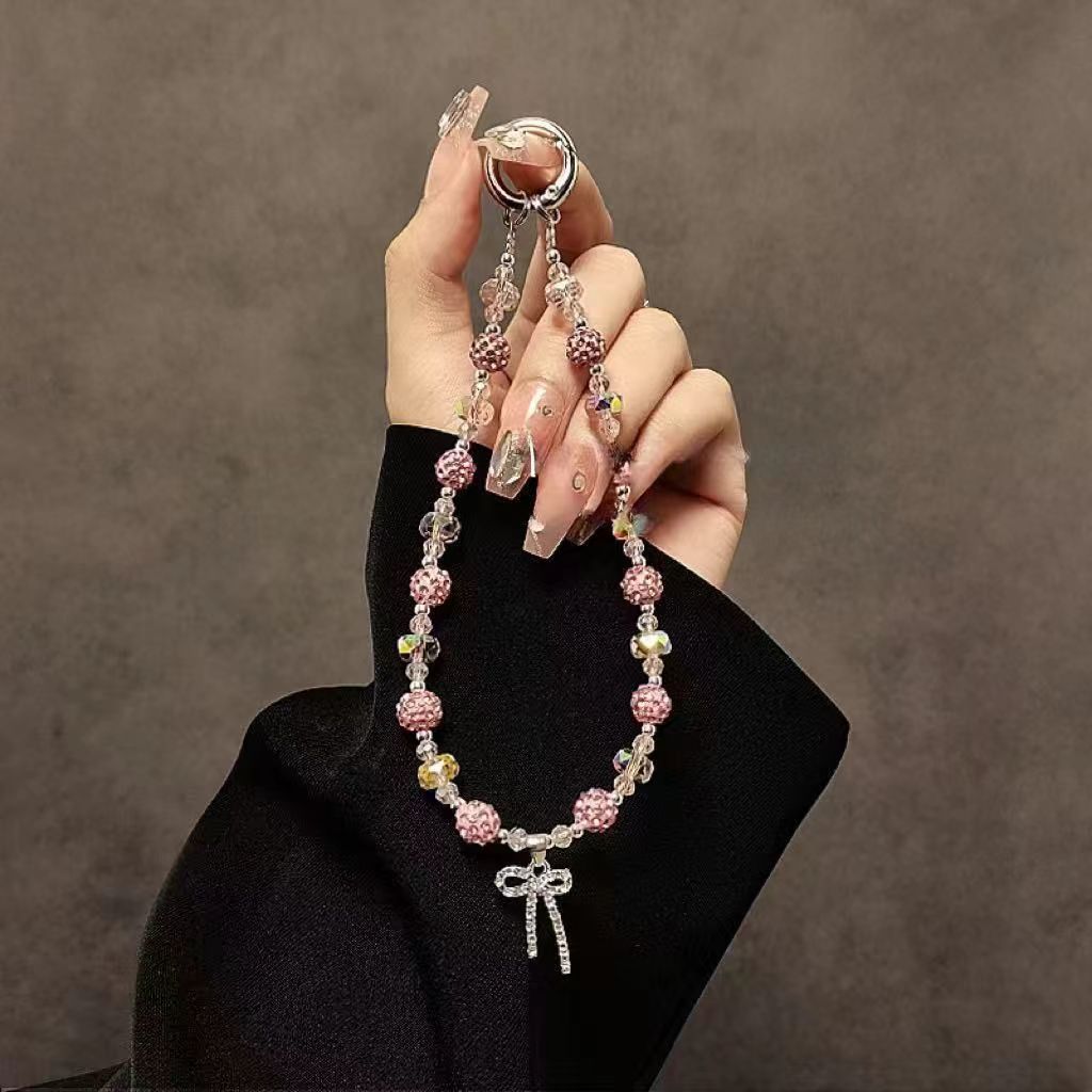 Colgante de moda, lazo de diamantes, cadena de teléfono móvil de diamantes de imitación, cordón de muñeca, bolso de colgante anti-pérdida hecho a mano, alto valor