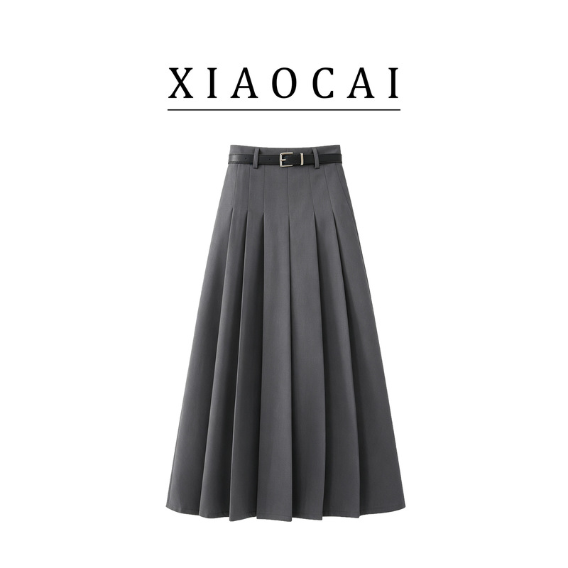 Women's Autumn and Winter High-Waisted Slimming Pleated Skirt with Suit Belt, Korean Style Elegant Fashionable Mid-Length Skirt