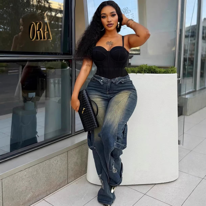 European and American Style Wide-Leg Jeans Amazon Cross-Border Women's Fashion Washed Tie-Dye Distressed Straight-Leg Work Pants