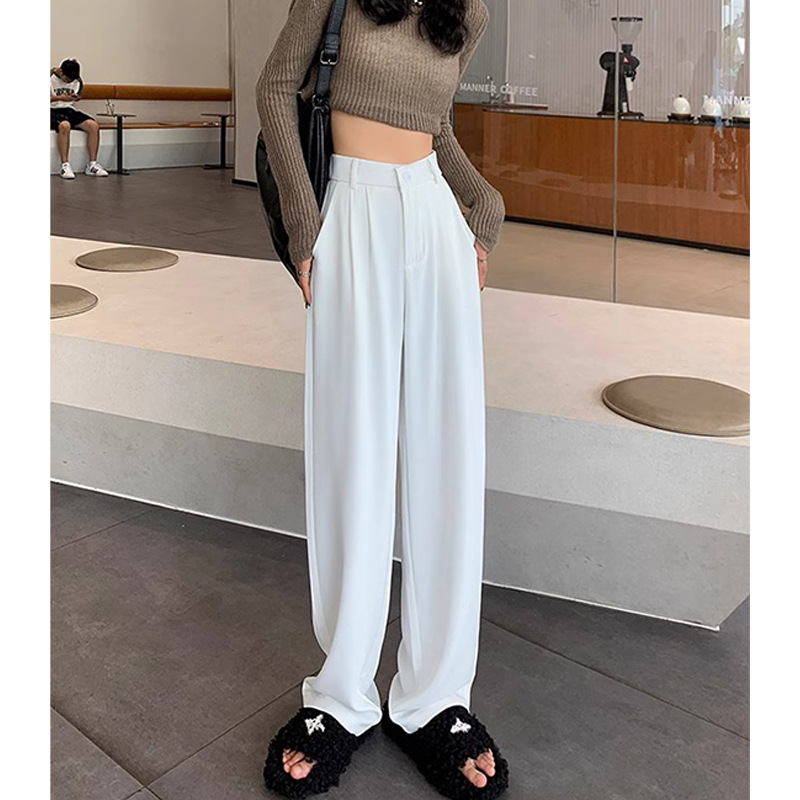 Pantalones de trajes blancos de primavera y otoño de mujer 2024 nuevo hombre pequeño cintura alta sensación de colgaje de tope de piso recto pantalones largos casuales de piernas anchas