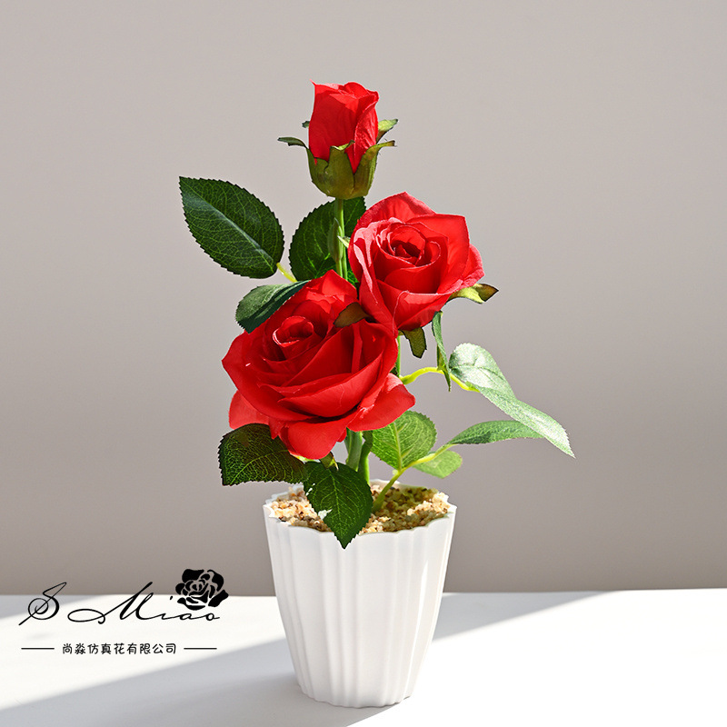 Transfronterizos tres flores de rosa en maceta creativa simulación de flores decoración de estudio en el hogar decoración artificial planta verde en maceta