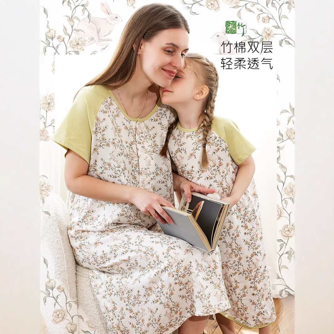 Bamboo Cotton Gauze Baby Children Summer Lightweight Sleeping Bag Breathable Antibacterial Air-conditioned Room Home Clothes Parent-Child Nightgown