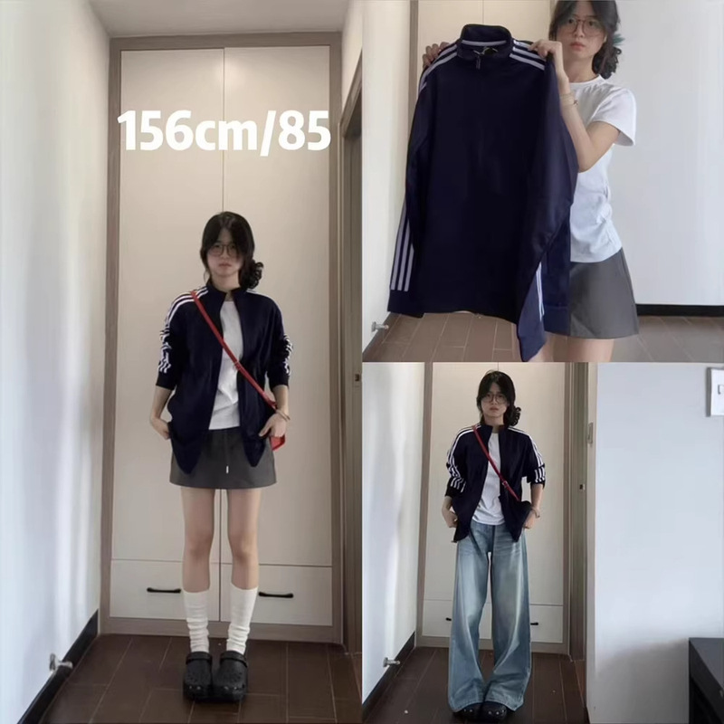 Three-Stripe Korean-Style Campus Exquisite and Beautiful Jacket for Women, Spring Navy Blue Sweatshirt, White-Enhancing, Stand-Collar Baseball Jacket, Spring Outfit Top