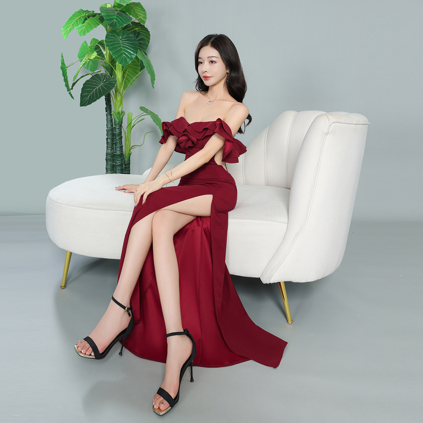 Sexy Strapless Evening Dress for Socialite Parties, Low-Cut, Elegant, Slim-Fitting, Slit, Hip-Hugging, Long Fishtail Dress