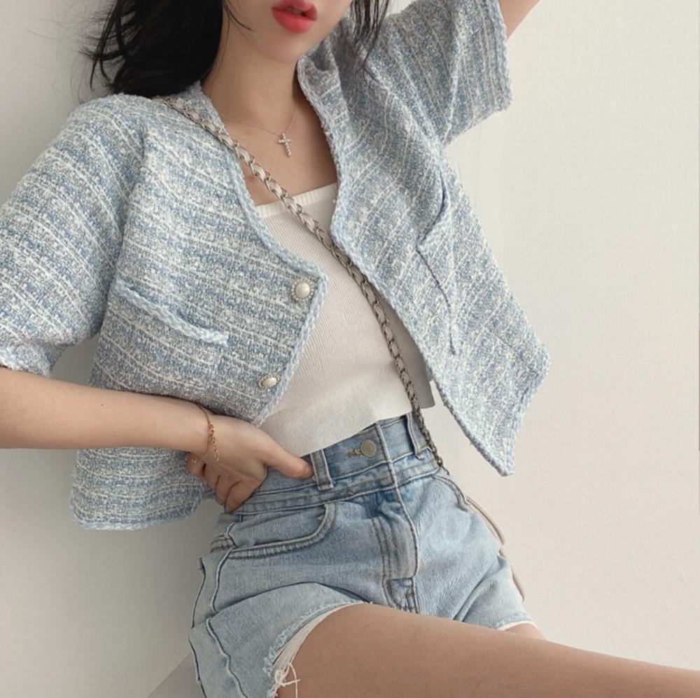 Cardigan coat top for women South Korea chic spring and summer French niche Chanel style pearl buckle round neck tweed short sleeve
