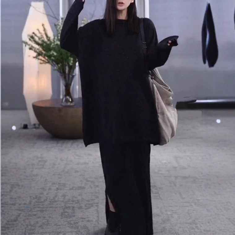篙货面料柔软纸片人套装2025秋款宽松上衣松紧腰直筒半身裙两件套|undefined