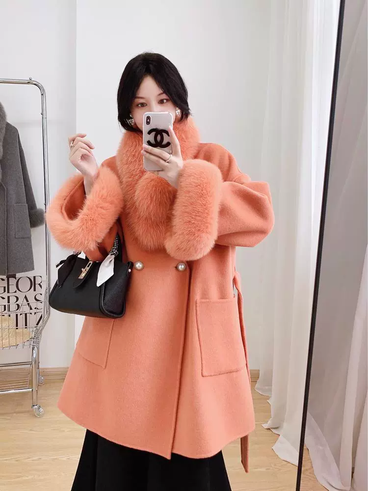 Double-sided cashmere long coat, jacket, 2023 collection, mid-length