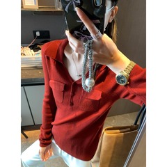摩且 高智通勤感 气质翻领双口袋修身显瘦打底长袖针织衫 MQ0706