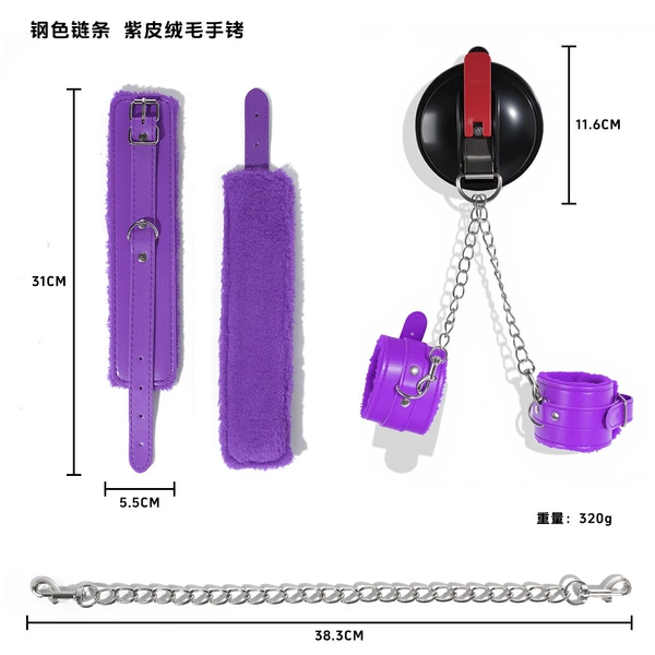 Purple fur handcuffs-silver chain