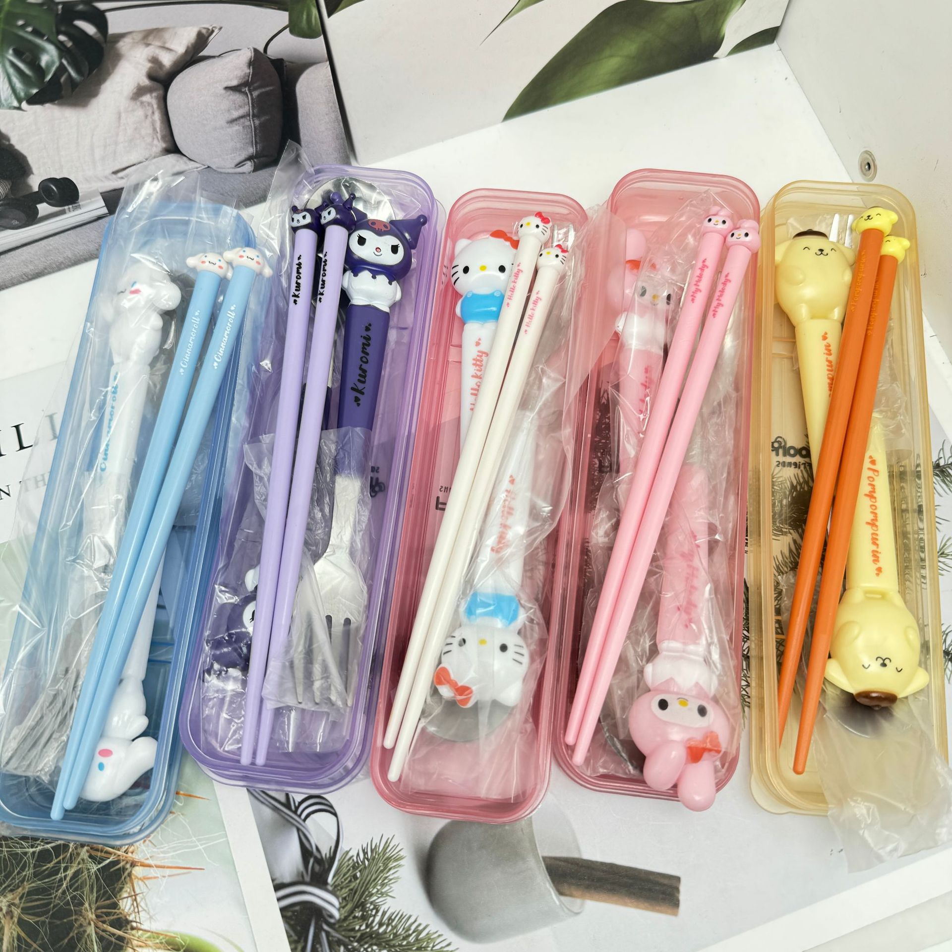 귀여운 어린이용 식기 세트(상자 포함) - 수저, 젓가락, 포크 3종 세트, 학생용 야외 휴대용 식기