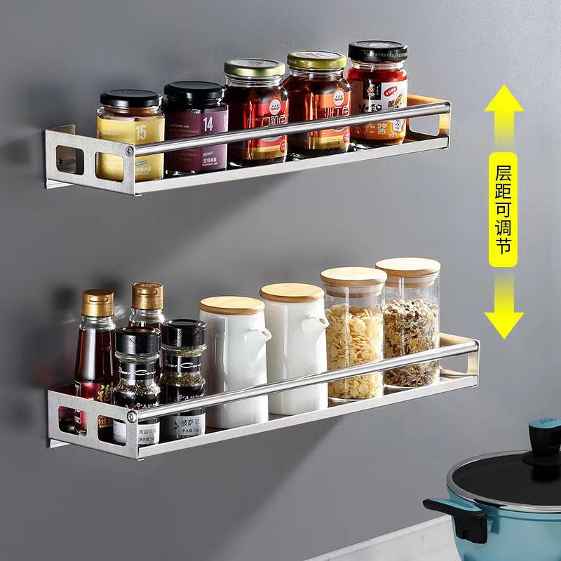 Stainless steel wall spice rack kitchen storage rack wall-mounted punch-free oil salt sauce vinegar seasoning storage rack