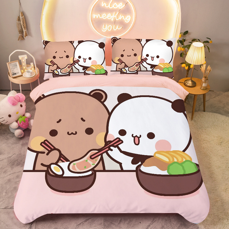 一二布布水晶绒四件套情侣熊猫卡通加厚三件套冬季被套儿童卧室
