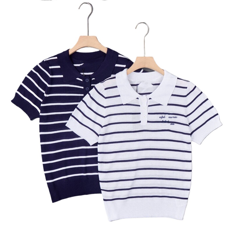 American Export Women's Clothing 2026 Embroidered Thin Casual Short-Sleeve Polo Collar Striped Knit Shirt, Skin-Friendly and Breathable