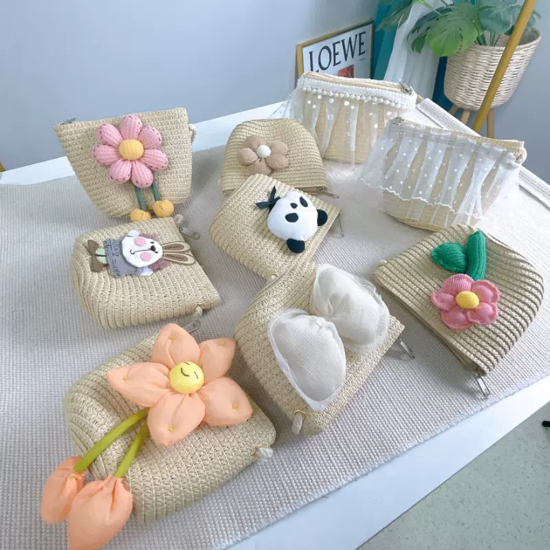 儿童包包大扁包贝壳包卡通零钱包草编玩偶夏天出游斜挎包手机包