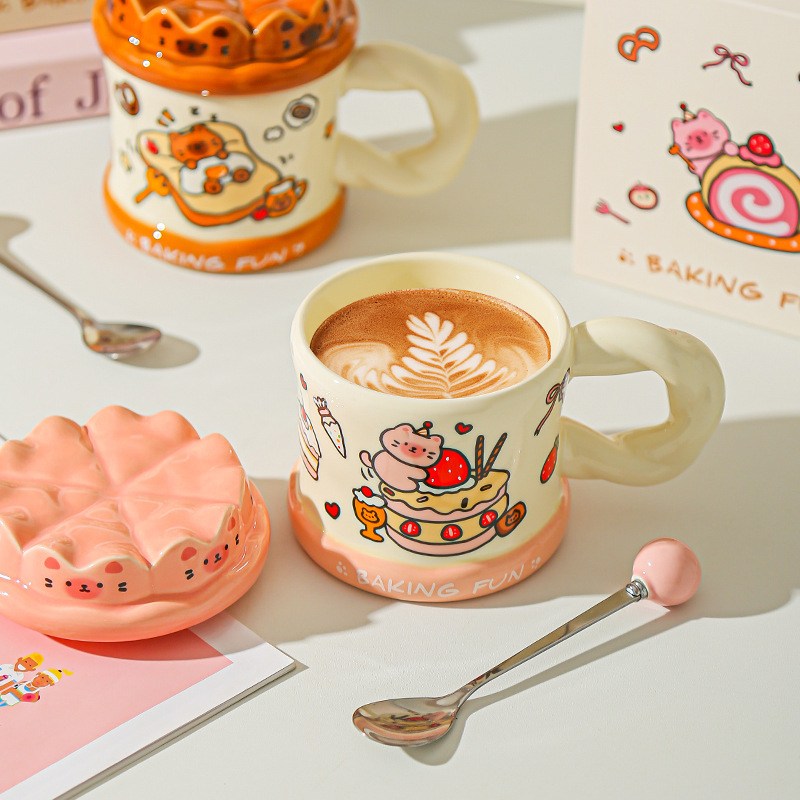 Tarta de cumpleaños pintada a mano, taza de gato, taza de cerámica de alta calidad con cubierta, taza de agua para niñas, taza de cerámica para parejas