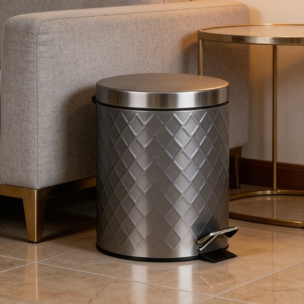 圆形不锈钢带盖子垃圾收纳桶3L脚踏式垃圾桶平盖菱形纹脚踏垃圾桶