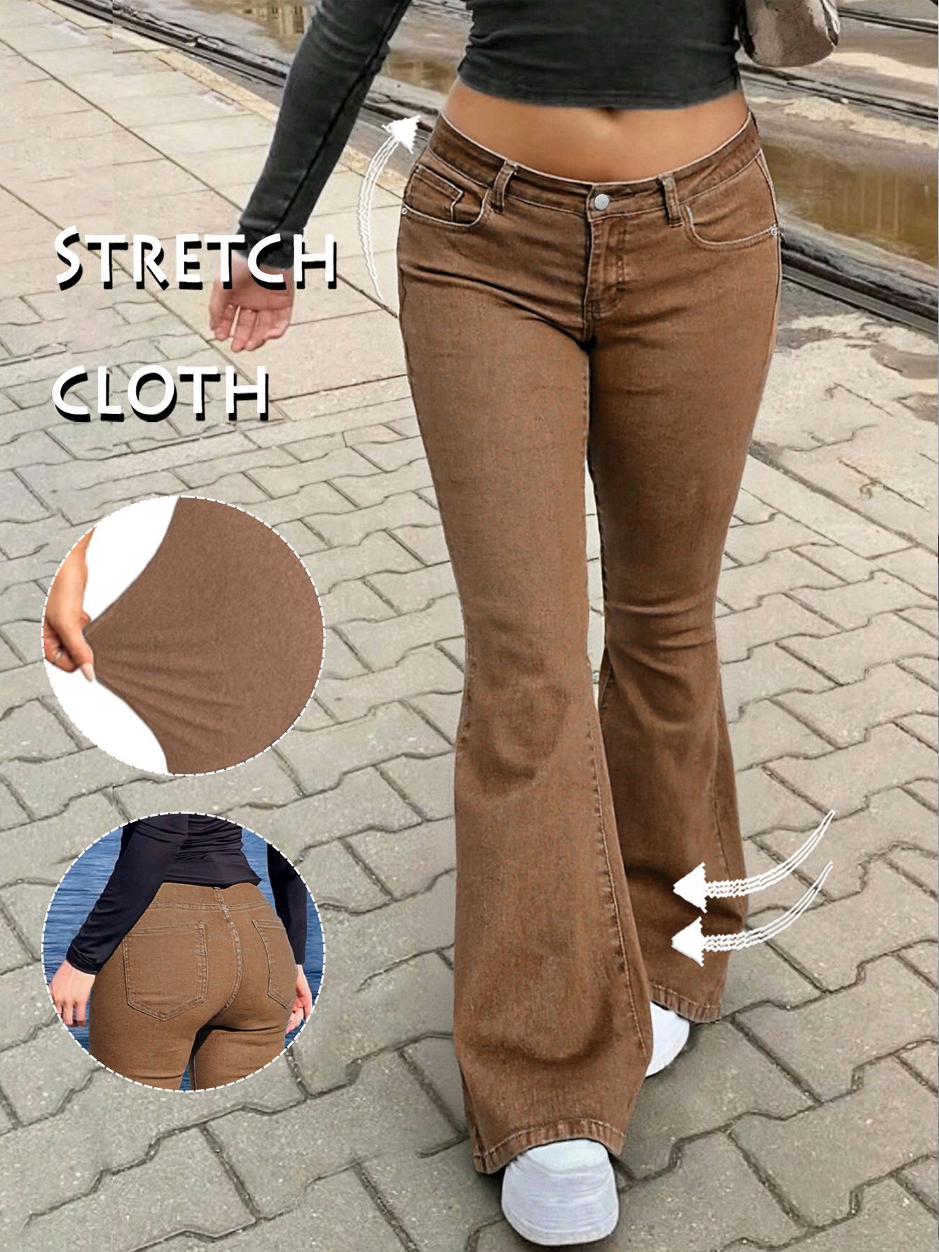 Women's Clothing Brown Flared Denim Jeans For Women, Autumn Slim Fit, Low Waist, Retro Casual Trousers_ecoleips.com